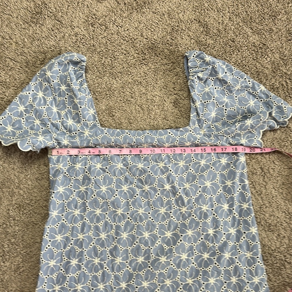 ZARA LIGHT BLUE FLORAL CUTWORK EMBROIDERY PRINT COTTON MINI DRESS - Picture 5 of 11